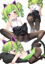 Rule 34 | 1girl, ahoge, animal ears, ass, blush, clothes lift, delutaya, drill hair, fake animal ears, fuyouchu, green hair, green leotard, grin, highres, indie virtual youtuber, kittysuit, leotard, lifted by self, lying, multicolored hair, multiple views, no shoes, nontraditional playboy bunny, on stomach, panties, panties under pantyhose, pantyhose, pink eyes, shirt, sitting, skirt, skirt lift, sleeveless, sleeveless shirt, smile, streaked hair, twin drills, underwear, virtual youtuber, white shirt