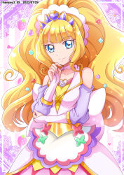 Rule 34 | 1girl, 2022, back bow, blonde hair, blue eyes, blunt bangs, bow, bridal gauntlets, choker, closed mouth, collarbone, cure finale, dated, delicious party precure, detached sleeves, diadem, dress, hair ornament, hanzou, high ponytail, highres, jewelry, kasai amane, layered dress, long hair, long sleeves, looking at viewer, magical girl, pink choker, pink dress, precure, purple sleeves, ring, shiny skin, smile, solo, twitter username, very long hair, white bow