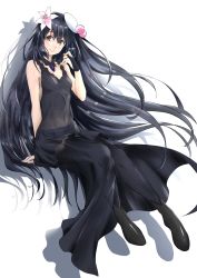 Rule 34 | 1girl, bare arms, bare shoulders, black dress, black footwear, black hair, boots, breasts, bridal gauntlets, brown eyes, closed mouth, commentary request, dress, flower, full body, hair flower, hair ornament, hand up, hat, highres, invisible chair, long dress, long hair, looking at viewer, mini hat, ophelia (vivy), shadow, simple background, sitting, small breasts, smile, solo, tsuji643163271, very long hair, vivy: fluorite eye&#039;s song, white background, white hat