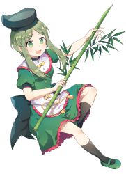 Rule 34 | 1girl, apron, bamboo, black socks, blush, breasts, commentary, dress, green dress, green eyes, green footwear, green hair, hat, highres, holding, kaoling, kneehighs, mary janes, puffy short sleeves, puffy sleeves, shoes, short dress, short hair with long locks, short sleeves, sidelocks, simple background, small breasts, socks, solo, teireida mai, touhou, waist apron, white apron, white background