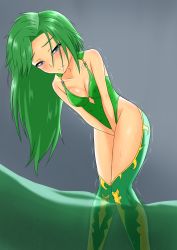 Rule 34 | 1girl, bare shoulders, between legs, blue eyes, blush, breasts, cleavage, closed mouth, collarbone, embarrassed, female focus, final fantasy, final fantasy iv, green hair, green leotard, green thighhighs, grey background, half-closed eyes, hand between legs, have to pee, highres, knees together feet apart, leaning forward, leotard, long hair, looking down, medium breasts, murasame (pixiv 38411450), murasame (tmurasamek), own hands together, partially submerged, rydia (ff4), shiny skin, simple background, solo, standing, sweat, thighhighs, trembling, v arms, wading, water