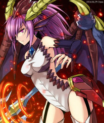 Rule 34 | 1girl, bad id, bad pixiv id, chisa, dragon wings, elbow gloves, gloves, horns, leotard, long hair, ponytail, purple eyes, purple hair, puzzle &amp; dragons, solo, sonia (p&amp;d), wings