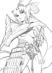 Rule 34 | 1girl, animal ear fluff, animal ears, armor, bikini, bikini bottom only, breasts, exocet, fate/grand order, fate (series), from below, greyscale, head tilt, highres, holding, holding sheath, holding sword, holding weapon, japanese armor, japanese clothes, large breasts, long hair, looking at viewer, looking down, medium breasts, midriff, monochrome, navel, open mouth, ponytail, sheath, sheathed, shoulder armor, sode, solo, swimsuit, sword, underboob, ushiwakamaru (fate), very long hair, weapon