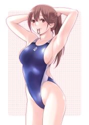 Rule 34 | 1girl, absurdres, arms behind head, blue one-piece swimsuit, breasts, brown eyes, brown hair, collarbone, competition swimsuit, cowboy shot, highleg, highleg swimsuit, highres, long hair, macosee, medium breasts, mouth hold, one-piece swimsuit, original, rubber band, solo, swimsuit