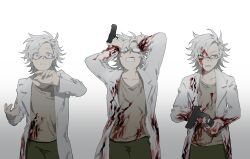 Rule 34 | 1boy, absurdres, blood, blood in hair, blood on clothes, blood on face, blue eyes, brown shirt, chinese commentary, clenched teeth, commentary request, cowboy shot, glasses, gradient background, green pants, gun, hands in hair, highres, holding, holding gun, holding weapon, kanou aogu, kleinsk, lab coat, long sleeves, male focus, multiple views, opaque glasses, open clothes, open mouth, pants, saibou shinkyoku, semi-rimless eyewear, shirt, short hair, simple background, smile, sweat, teeth, weapon, white hair