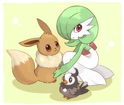 Rule 34 | 1girl, :3, artist name, bird, black sclera, bob cut, border, brown eyes, closed mouth, colored sclera, colored skin, creatures (company), eevee, female focus, flat chest, from behind, from side, game freak, gardevoir, gen 1 pokemon, gen 3 pokemon, gen 4 pokemon, green hair, green skin, hair over one eye, happy, highres, looking at viewer, looking back, multicolored skin, nintendo, pokemon, pokemon (creature), red eyes, rorosuke, short hair, signature, simple background, smile, squatting, starly, two-tone skin, white border, white eyes, white skin, yellow background