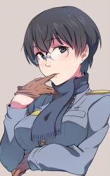 Rule 34 | 1girl, black hair, black scarf, blush, breast hold, breast pocket, breasts, brown gloves, buttons, commentary request, earrings, eini a lukkanen, em (totsuzen no hakike), glasses, gloves, green eyes, jewelry, long sleeves, looking at viewer, medium breasts, military, military uniform, pocket, removing glove, rimless eyewear, scarf, short hair, solo, stud earrings, tsurime, uniform, upper body, world witches series