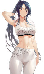 Rule 34 | 1girl, absurdres, arm at side, arm up, armpits, bare arms, black hair, blue sky, blurry, blurry background, border, breasts, cleavage, cloud, collarbone, commentary request, cowboy shot, gluteal fold, high-waist pants, highres, hiiragi yuuichi, holding, holding towel, large breasts, linea alba, long hair, looking at viewer, navel, original, pants, parted bangs, parted lips, ponytail, red eyes, sidelocks, sky, solo, sports bra, sportswear, stomach, sweat, text print, towel, towel around neck, white background, white border, white pants, white sports bra, white towel, wiping, yoga pants