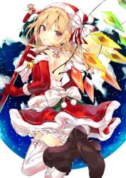 Rule 34 | 1girl, :o, absurdres, alternate costume, backless dress, backless outfit, bare shoulders, blonde hair, boots, bow, brown footwear, candy, candy cane, christmas, crystal, dress, elbow gloves, flandre scarlet, food, gloves, hair bow, hat, highres, holding, long hair, looking at viewer, looking back, pdf available, pointy ears, pom pom (clothes), red dress, red eyes, red gloves, red hat, sakusyo, santa costume, santa hat, shoe soles, shoulder blades, signature, snow, solo, thighhighs, touhou, white background, white bow, white thighhighs, wings, winter
