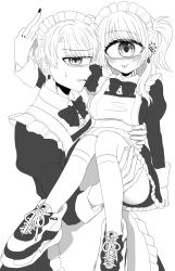 Rule 34 | 1boy, 1girl, azen (mntimcczgrtn), blush, carrying, crossdressing, cyclops, ear piercing, earrings, fila, finger piercing, greyscale, highres, jewelry, juliet sleeves, kneehighs, long hair, long sleeves, looking at viewer, looking away, maid, maid headdress, monochrome, monster boy, monster girl, multiple earrings, nail polish, neck piercing, neck ribbon, one-eyed, original, parted bangs, piercing, puffy sleeves, ribbon, shoes, short hair, sketch, sleeve cuffs, sneakers, socks, sweat, tongue, tongue out, tongue piercing, twintails