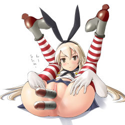 Rule 34 | 10s, 1girl, anal, anal object insertion, anus, bad id, bad pixiv id, bar censor, blonde hair, blush, bottomless, brown eyes, censored, clitoral hood, clitoris, elbow gloves, folded, gloves, kantai collection, knees to chest, long hair, lying, no panties, object insertion, on back, pussy, shimakaze (kancolle), shuuji (shumi), skirt, solo, spread legs, striped clothes, striped thighhighs, thighhighs, torpedo, vaginal, vaginal object insertion