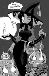 Rule 34 | 1girl, absurdres, black dress, black hair, candle, dress, english text, fingerless gloves, gloves, greyscale, hat, highres, jack-o&#039;-lantern, leaf, looking at viewer, monochrome, multicolored hair, noss (rariatto), original, rariatto (ganguri), shawl, speech bubble, streaked hair, witch hat