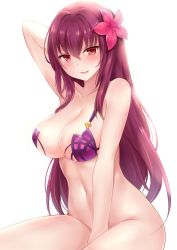 Rule 34 | 1girl, alternate costume, arm between legs, arm up, bikini, bottomless, breasts, cleavage, collarbone, fate/grand order, fate (series), flower, hair flower, hair intakes, hair ornament, hibiscus, large breasts, navel, nikoo, parted lips, pink bikini, purple bikini, purple hair, red eyes, scathach (fate), scathach (fate), scathach (swimsuit assassin) (fate), simple background, smile, solo, swimsuit, white background