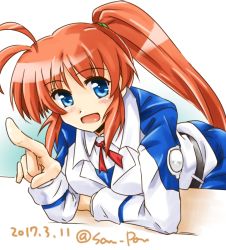 Rule 34 | 1girl, ahoge, bent over, blue eyes, blush, brown hair, dated, gradient background, looking at viewer, lyrical nanoha, pointing, san-pon, side ponytail, solo, takamachi nanoha, tsab air military uniform, twitter username