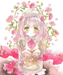 Rule 34 | 1girl, absurdres, armor, armored dress, black dress, blush, braid, breasts, cleavage, commentary, crown braid, dress, fina (sa47rin5), floral background, flower, food, genshin impact, green eyes, grey hair, hair flower, hair ornament, highres, holding, holding plate, looking at viewer, maid, maid headdress, medium breasts, noelle (genshin impact), pancake, pancake stack, plate, red flower, red rose, rose, short hair, shoulder armor, simple background, smile, solo, upper body, white background