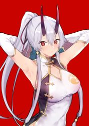 Rule 34 | 1girl, armpits, arms behind head, bare shoulders, blush, china dress, chinese clothes, cleavage cutout, clothing cutout, covered navel, demon horns, detached sleeves, dress, fate/grand order, fate (series), hair ribbon, highres, horns, looking at viewer, ponytail, red background, red eyes, remora180, ribbon, sidelocks, silver hair, simple background, solo, tomoe gozen (fate), tomoe gozen (traveling outfit) (fate)