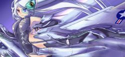 Rule 34 | 1girl, blue background, boots, closed mouth, elbow gloves, emblem, fingerless gloves, flying, gloves, highres, leotard, logo, long hair, looking at viewer, mecha musume, nenchi, original, purple eyes, republic aviation, roundel, silver hair, solo, thigh boots, thighhighs, xf-103