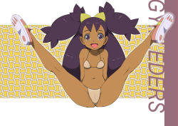 Rule 34 | 1girl, :d, arms behind back, big hair, bikini, blush, brown eyes, cameltoe, commentary request, covered erect nipples, creatures (company), dark-skinned female, dark skin, full body, game freak, gym leader, iris (pokemon), legs up, long hair, looking at viewer, makoto daikichi, navel, nintendo, open mouth, outline, petite, pink footwear, pokemon, pokemon bw, purple hair, shoe soles, shoes, smile, solo, spread legs, swimsuit, tongue, transparent bikini, two side up