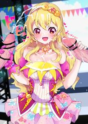 Rule 34 | 1girl, 2boys, :d, absurdres, aikatsu!, aikatsu! (series), bar censor, bare shoulders, blonde hair, blurry, blurry background, blush, bow print, breasts, censored, choker, cleavage, cum, cum on body, cum on breasts, cum on clothes, cum on upper body, depth of field, detached sleeves, double handjob, dress, earrings, ejaculation, erection, exhibitionism, facial, floral print, gloved handjob, gloves, hair between eyes, hair over shoulder, hairband, handjob, heart, hetero, highres, hoshimiya ichigo, idol, jewelry, large breasts, long hair, looking at penis, mikorin, multicolored clothes, multicolored dress, multiple boys, nail polish, open mouth, out of frame, penis, pink dress, pink gloves, pink nails, pink sleeves, pouch, public indecency, red eyes, rose print, smile, solo focus, speed lines, spoken heart, stage, sweat, trembling, twitching penis, upper body, veins, veiny penis