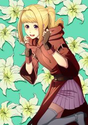 Rule 34 | 1girl, :d, aduti momoyama, antenna hair, aqua background, blonde hair, boots, brown gloves, clarine (fire emblem), cosplay, drawstring, fingerless gloves, fingernails, fire emblem, fire emblem: the binding blade, floral background, flower, gloves, hair intakes, hands up, highres, hood, hood down, lily (flower), long hair, miniskirt, nintendo, open mouth, pink skirt, pleated skirt, ponytail, purple eyes, round teeth, rutger (fire emblem), rutger (fire emblem) (cosplay), skirt, smile, solo, teeth, thigh boots, thighhighs, upper body, white flower, white footwear, white thighhighs, wide sleeves, zettai ryouiki
