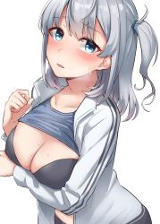 Rule 34 | 1girl, absurdres, alternate costume, blue eyes, blush, breasts, cleavage, collarbone, hair between eyes, highres, jacket, kantai collection, kiritto, large breasts, long hair, long sleeves, one side up, open mouth, silver hair, simple background, solo, suzutsuki (kancolle), track jacket, upper body, white background, white jacket