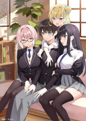 Rule 34 | 1boy, 3girls, :d, :o, @ @, absurdres, banknote, bed, bedroom, black hair, black jacket, black pantyhose, black thighhighs, blonde hair, blue eyes, blue hair, blue necktie, blush, book, bracelet, breast press, breasts, cardigan, character request, closed mouth, collared shirt, colored inner hair, commentary request, copyright request, cross, cross earrings, earrings, embarrassed, eyes visible through hair, green eyes, grey pants, grey skirt, hair bun, hands on own thighs, highres, hug, hug from behind, indoors, jacket, jewelry, knees together feet apart, lamp, large breasts, locked arms, long hair, looking at viewer, loose necktie, mask, microskirt, money, multicolored hair, multiple girls, necktie, off-shoulder jacket, off shoulder, official art, on bed, open clothes, open jacket, open mouth, oryo (oryo04), pants, pantyhose, parted lips, pink eyes, pink hair, plant, pleated skirt, school uniform, second-party source, semi-rimless eyewear, shelf, shiny skin, shirt, short hair, side-by-side, single side bun, sitting, skirt, small sweatdrop, smile, streaked hair, thighhighs, thighs, white shirt, window, wing collar, zettai ryouiki