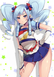 Rule 34 | 1girl, bad id, bad pixiv id, blue eyes, blue hair, blue skirt, blush, bow, brooch, cosplay, cure honey, cure honey (cosplay), cure honey (popcorn cheer), hand on own hip, hand on thigh, happinesscharge precure!, heart, heart brooch, hosshiwa, long hair, looking at viewer, matching hair/eyes, mogiki hayami, precure, ringlets, skirt, solo, twintails, waist bow