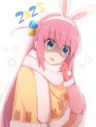 Rule 34 | 1girl, 2023, animal ears, atu, blue eyes, bocchi the rock!, chinese zodiac, cloak, cube hair ornament, fake animal ears, gloves, gotoh hitori, hair ornament, highres, long hair, pink hair, rabbit ears, shaded face, simple background, solo, upper body, year of the rabbit