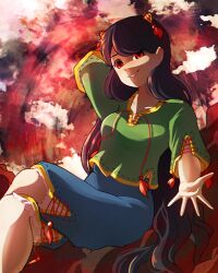 Rule 34 | 1girl, absurdres, black hair, blue shorts, collarbone, crossed legs, dungeon toaster, green shirt, grin, highres, horns, long hair, nippaku zanmu, oni horns, red eyes, shirt, short sleeves, shorts, smile, solo, touhou, unfinished dream of all living ghost