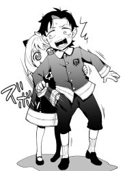 Rule 34 | 1boy, 1girl, anya (spy x family), child, damian desmond, eden academy school uniform, hairpods, hand in another&#039;s pocket, long sleeves, monochrome, open mouth, pants, parted bangs, render3hai, school uniform, shoes, spy x family, surprised, white background