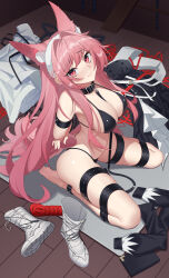 Rule 34 | 1girl, alternate costume, animal ear fluff, animal ears, arknights, arms behind back, barefoot, between breasts, black bra, boots, bound, bound arms, bra, breasts, clothes on floor, collar, highres, large breasts, leash, leash between breasts, long hair, pink hair, pozyomka (arknights), qianshibu, red eyes, red rope, restrained, rope, sitting, solo, underwear, very long hair, wariza, wolf ears, wolf girl