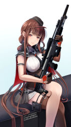 Rule 34 | 1girl, anti-materiel rifle, armlet, black dress, black hat, blast compensator, blunt bangs, bolt-action rifle, bolt action, breasts, brown hair, brown thighhighs, bullpup, compensator, crossed legs, dress, dsr-50, dsr-50 (girls&#039; frontline), evening gown, ex saki, garrison cap, girls&#039; frontline, gun, hat, holding, holding gun, holding weapon, large breasts, long hair, muzzle device, red eyes, rifle, scope, single thighhigh, sitting, sniper rifle, solo, suppressor, thighhighs, very long hair, weapon