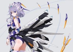 Rule 34 | 1girl, alternate costume, ass, blue eyes, braid, breasts, bridal gauntlets, colored eyelashes, english text, expressionless, floating, floating object, from side, gundam, gundam astray blue frame, gundam seed, gundam seed astray, highres, izayoi sakuya, low wings, mecha musume, raptor7, shaded face, short hair, silver hair, small breasts, solo, standing, thighhighs, thighs, touhou, twin braids, wings
