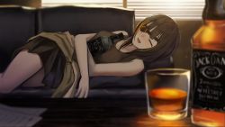 Rule 34 | 1girl, window blinds, blurry, blurry foreground, blush, bottle, breasts, brown hair, closed eyes, clothes around waist, cup, drunk, empty, eyepatch, girls&#039; frontline, highres, indoors, jack daniel&#039;s, jacket, jacket around waist, lodbyy, long hair, lying, m16a1 (girls&#039; frontline), mole, mole under eye, multicolored hair, hugging object, on side, scar, skirt, smile, solo, streaked hair, tank top, window