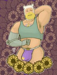 Rule 34 | 1boy, absurdres, adventure time, aged up, armpits, bara, baraboy, beard, blonde hair, bulge, chest tattoo, covered penis, cropped legs, cropped shirt, facial hair, finn the human, flower, highres, large bulge, large pectorals, looking to the side, male focus, male underwear, mature male, mechanical arms, muscular, muscular male, navel, navel hair, pectorals, purple male underwear, seductive smile, short hair, sideways glance, single mechanical arm, smile, solo, stomach, sunflower, tattoo, thick eyebrows, underwear