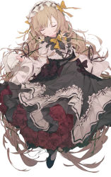 Rule 34 | 1girl, black dress, black footwear, blonde hair, bow, bowtie, closed eyes, commentary, dolphro-kun, dress, dress bow, frilled dress, frills, full body, hair ribbon, holding, holding wand, long hair, long sleeves, maid headdress, original, parted lips, puffy sleeves, ribbon, simple background, solo, symbol-only commentary, tagme, very long hair, wand, white background, yellow bow, yellow bowtie