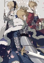 Rule 34 | 3girls, ahoge, armor, armored dress, artoria pendragon (fate), artoria pendragon (lancer) (fate), bare shoulders, black bow, blonde hair, bow, braid, breasts, caliburn (fate), cape, cherry blossoms, crown, detached sleeves, excalibur (fate/stay night), falling petals, fate/grand order, fate/stay night, fate/unlimited codes, fate (series), french braid, from side, fur-trimmed cape, fur trim, gauntlets, green eyes, hair between eyes, highres, holding, holding sword, holding weapon, lance, large breasts, looking at viewer, multiple girls, petals, polearm, ponytail, rhongomyniad (fate), saber (fate), saber lily, sideboob, sidelocks, sword, weapon, zhibuji loom
