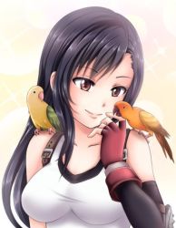 Rule 34 | 1girl, animal, animal on shoulder, bird, black hair, breasts, brown eyes, final fantasy, final fantasy vii, final fantasy vii remake, gloves, large breasts, long hair, nature, red gloves, rubbing, smile, sparkle background, sports bra, square enix, sugarbell, tagme, tank top, tifa lockhart