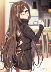 Rule 34 | 1girl, backless outfit, black-framed eyewear, black sweater, blush, breasts, brown eyes, brown hair, ceiling light, chair, commentary request, copyright request, cowboy shot, cup, dress, ear piercing, fate/grand order, fate (series), fingernails, glasses, holding, holding cup, indoors, long hair, long sleeves, looking at viewer, looking back, medium breasts, mug, parted lips, piercing, red ribbon, ribbed sweater, ribbon, signature, sleeves past wrists, solo, sweater, sweater dress, table, teeth, tyone, upper teeth only, very long hair, wooden floor, yu mei-ren (fate)