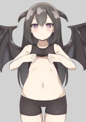 Rule 34 | 1girl, abarabone, absurdres, belly, bike shorts, black hair, blush, closed mouth, clothes lift, collarbone, commentary, cowboy shot, demon girl, demon horns, demon wings, flat chest, grey background, highres, horns, lifted by self, long hair, looking at viewer, navel, original, purple eyes, shirt, shirt lift, simple background, solo, stomach, tank top, thighs, wide hips, wings