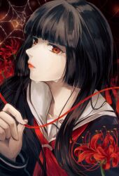 Rule 34 | 1girl, black hair, black serafuku, blunt bangs, closed mouth, collarbone, commentary request, crying, crying with eyes open, enma ai, flower, highres, hime cut, jigoku shoujo, long hair, long sleeves, looking at viewer, neckerchief, nokosuke, red eyes, red flower, red neckerchief, sailor collar, school uniform, serafuku, silk, solo, spider lily, spider web, string, tears, upper body, white sailor collar