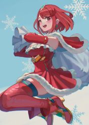 Rule 34 | 1girl, alternate costume, bag, blush, breasts, commentary request, dress, earrings, elbow gloves, gloves, highres, holding, holding bag, jewelry, large breasts, looking at viewer, pyra (xenoblade), red eyes, red hair, saburou (jako), santa costume, short hair, snowflakes, solo, strapless, strapless dress, swept bangs, thighhighs, tiara, xenoblade chronicles (series), xenoblade chronicles 2