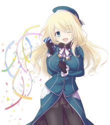 Rule 34 | 1girl, atago (kancolle), beret, black gloves, blonde hair, blush, breasts, gloves, green eyes, hair between eyes, hat, jacket, kantai collection, large breasts, long hair, looking at viewer, military, military uniform, nabenofutahiwa, one eye closed, open mouth, pantyhose, party popper, simple background, skirt, smile, solo, tailcoat, uniform, white background