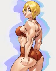 Rule 34 | 1girl, alternate hairstyle, blonde hair, blue eyes, choker, clenched hands, dlusional, frown, highres, looking back, metroid, muscular, muscular female, nintendo, samus aran, short hair, solo, white background
