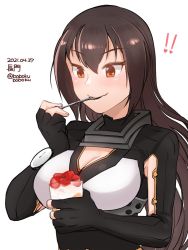 Rule 34 | !, !!, 1girl, black gloves, black hair, bobokuboboku, breasts, character name, cleavage, commentary request, dated, eating, fingerless gloves, food, fruit, glass, gloves, ice cream, kantai collection, long hair, nagato (kancolle), one-hour drawing challenge, red eyes, simple background, solo, spoon, strawberry, sundae, twitter username, upper body, white background