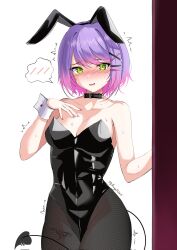 Rule 34 | 1girl, animal ear hairband, animal ears, bare shoulders, blush, breasts, cleavage, colored inner hair, commentary request, demon girl, demon tail, eye contact, facing viewer, fake animal ears, gradient hair, green eyes, hair ornament, hairclip, highres, hololive, iris angel12xii, leg tattoo, leotard, looking at another, looking at viewer, medium breasts, multicolored hair, navel, piercing, pink hair, playboy bunny, purple hair, rabbit ear hairband, rabbit ears, short hair, solo, streaked hair, tail, tail ornament, tail piercing, tattoo, tokoyami towa, virtual youtuber, white background, x hair ornament