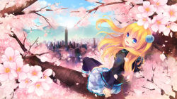 Rule 34 | 1girl, black shirt, blonde hair, blue eyes, cherry blossoms, cityscape, cloud, cloudy sky, hair between eyes, hair ornament, in tree, long hair, long sleeves, looking at viewer, original, outdoors, plaid, plaid skirt, shinia, shirt, sitting, sitting in tree, skirt, sky, solo, thighhighs, tree, white skirt, zettai ryouiki