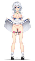 Rule 34 | 1girl, @ @, apron, black footwear, blue dress, blue eyes, bow, braid, breasts, breasts out, chestnut mouth, cleft of venus, clothes lift, dress, green bow, grey hair, hair bow, healther, highres, hypnosis, izayoi sakuya, lactation, legwear garter, maid, maid apron, maid headdress, medium hair, mind control, neck ribbon, no bra, no panties, open clothes, puffy short sleeves, puffy sleeves, pussy, pussy juice, pussy juice trail, remote control vibrator, ribbon, sex toy, shoes, short sleeves, simple background, skirt, skirt lift, socks, solo, touhou, twin braids, uncensored, vibrator, vibrator cord, waist apron, white apron, white background, white socks