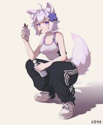 1girl absurdres animal_ears filian_(vtuber) food highres holding indie_virtual_youtuber pants pocky purple_eyes solo squatting tail