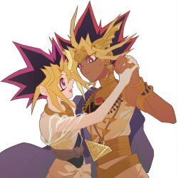 Rule 34 | 2boys, :d, black hair, blonde hair, brown hair, dark-skinned male, dark skin, dyed bangs, gem, grey background, holding hands, jewelry, male focus, millennium puzzle, multiple boys, muto yugi, necklace, open mouth, qige, red eyes, red hair, see-through, simple background, smile, spiked hair, upper body, yami yugi, yaoi, yu-gi-oh!